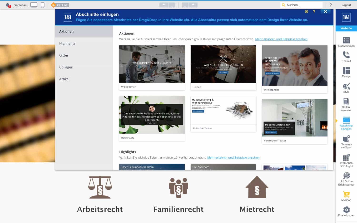 1und1 Web Abschnitte hinzufügen