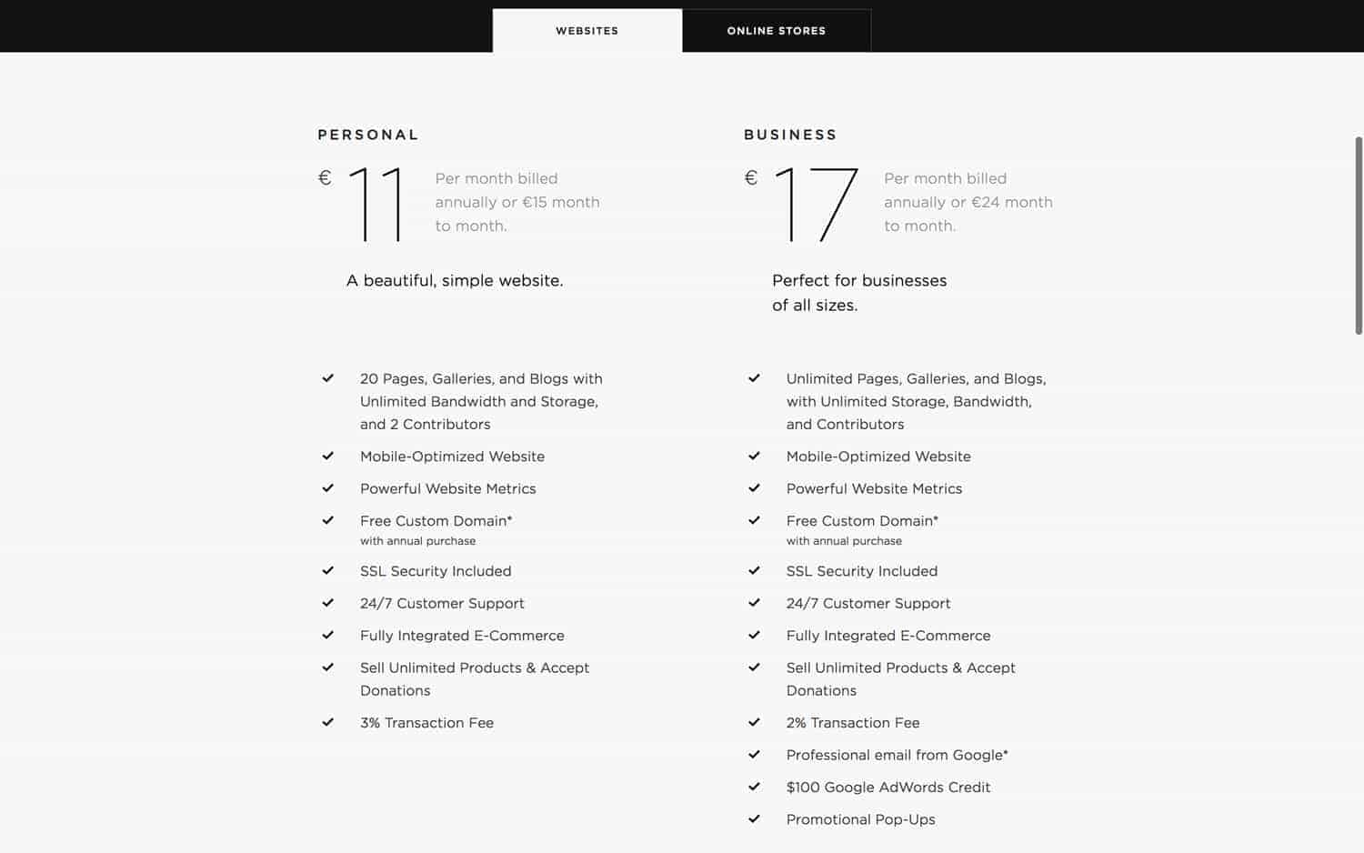 Squarespace Preis Übersicht