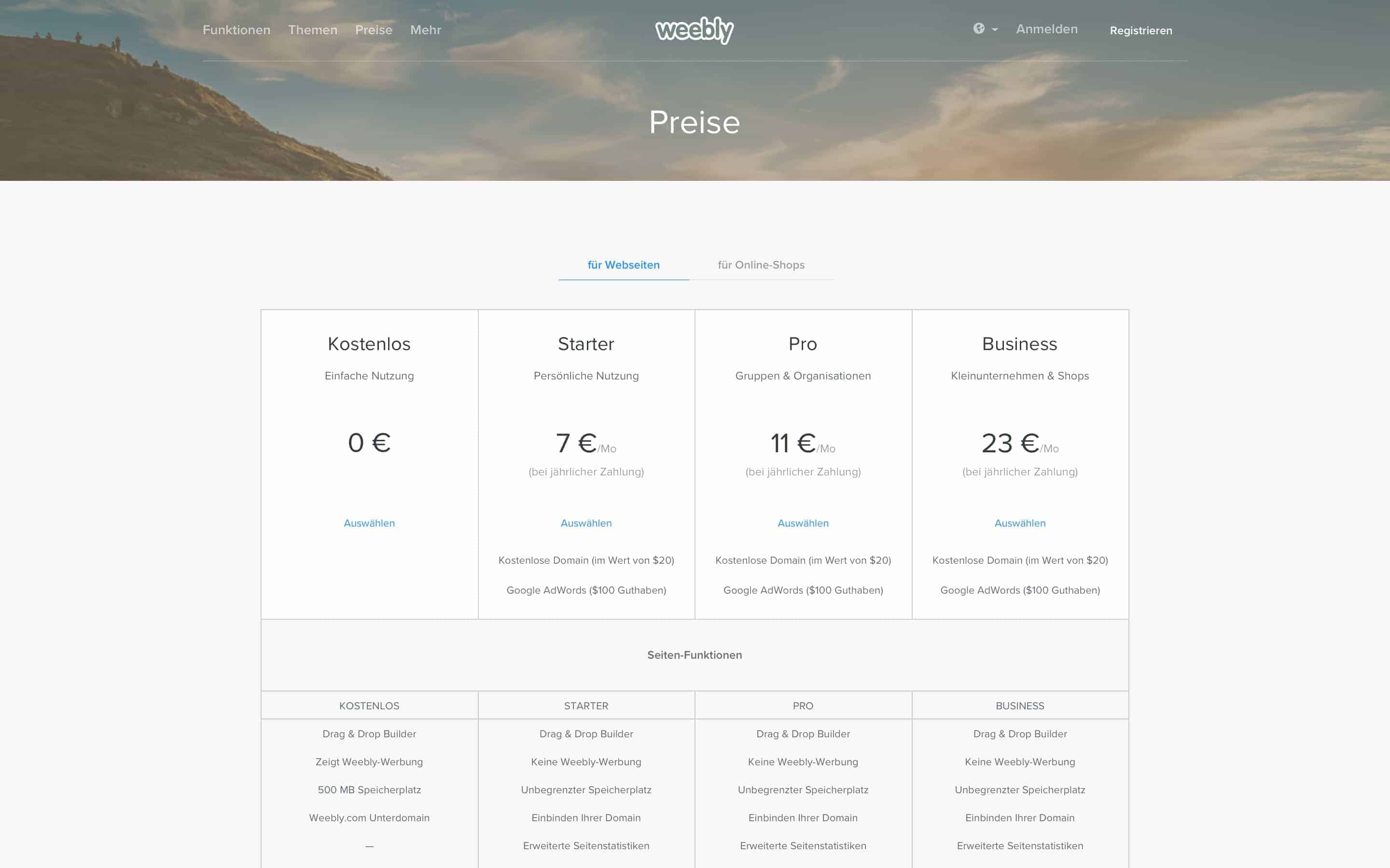 Weebly Tarifübersicht