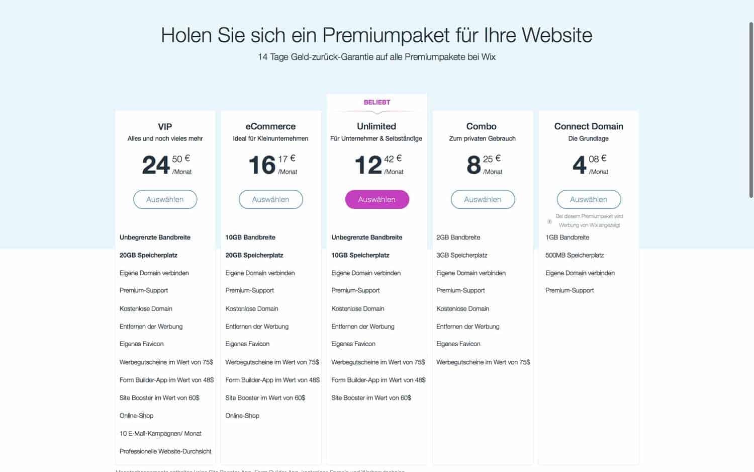Wix Tarifübericht