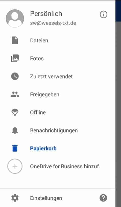 OneDrive App Hauptmenu