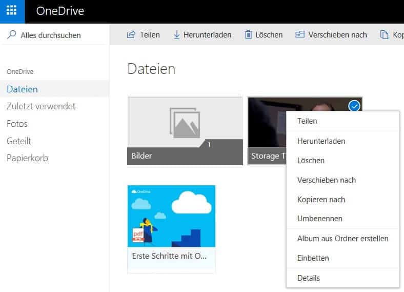 OneDrive Web Optionen