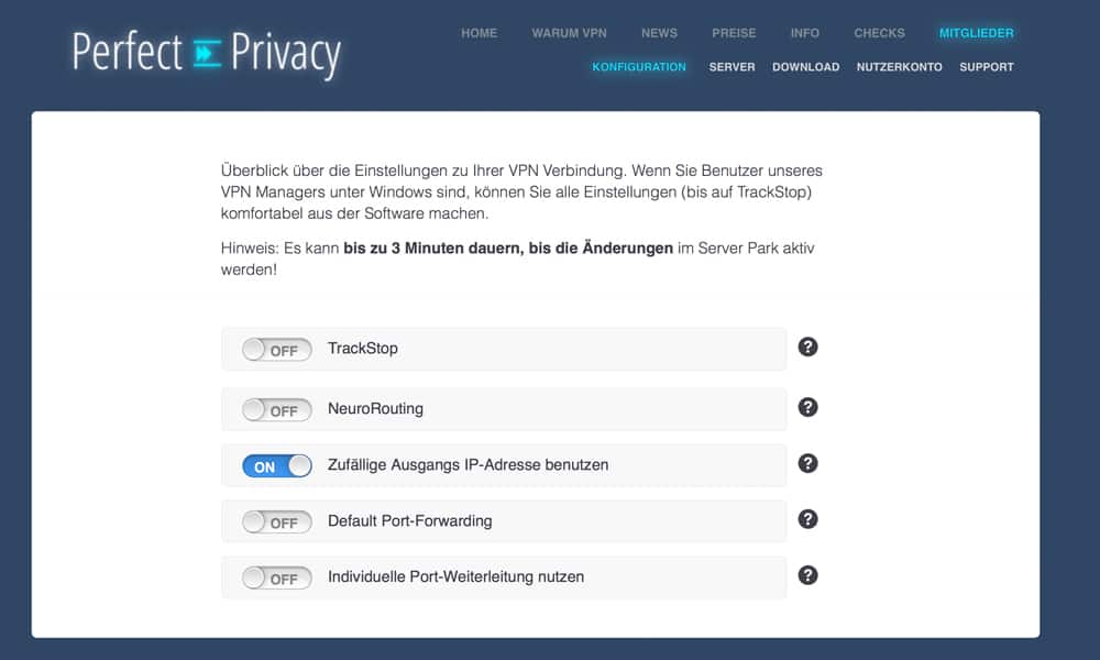 Perfect Privacy Einstellungen