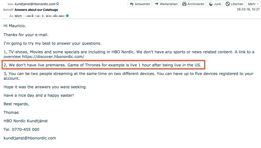 HBO Nordic Email Support