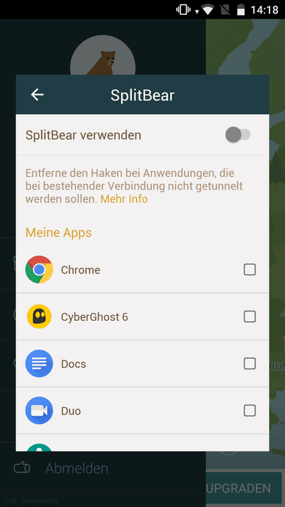 Tunnelbear Verbingunsaufteilung