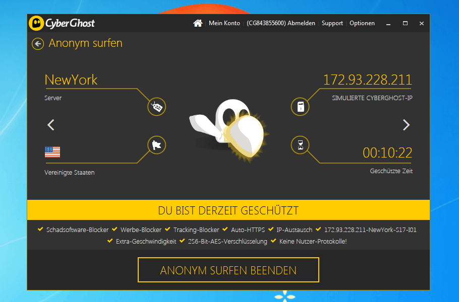 CyberGhost Verbindung aufgebaut