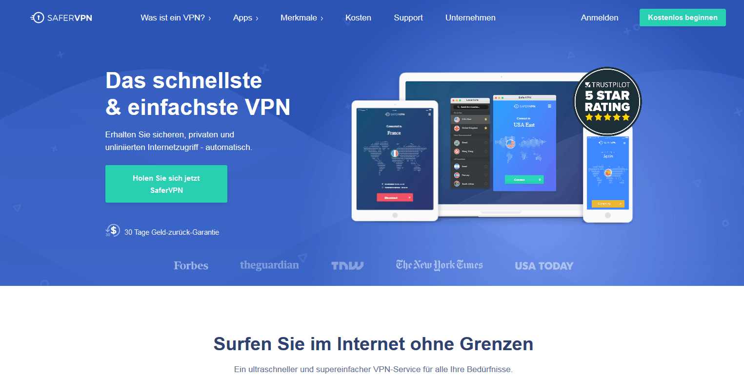 SaferVPN Webseite
