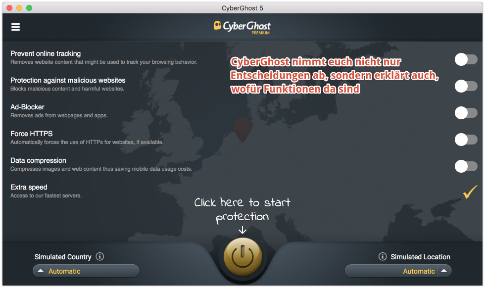 CyberGhost Funktionsauswahl