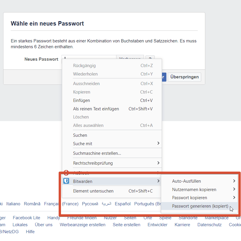 Bitwarden – Neues Passwort