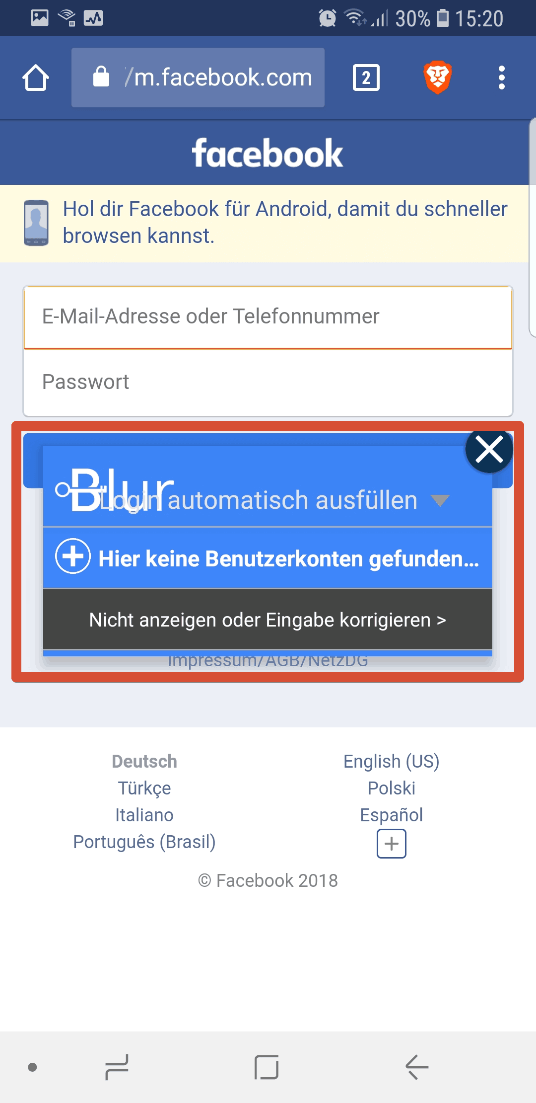Blur Passwort-Manager – mobile App mit Brave-Brower auf Facebook-Website