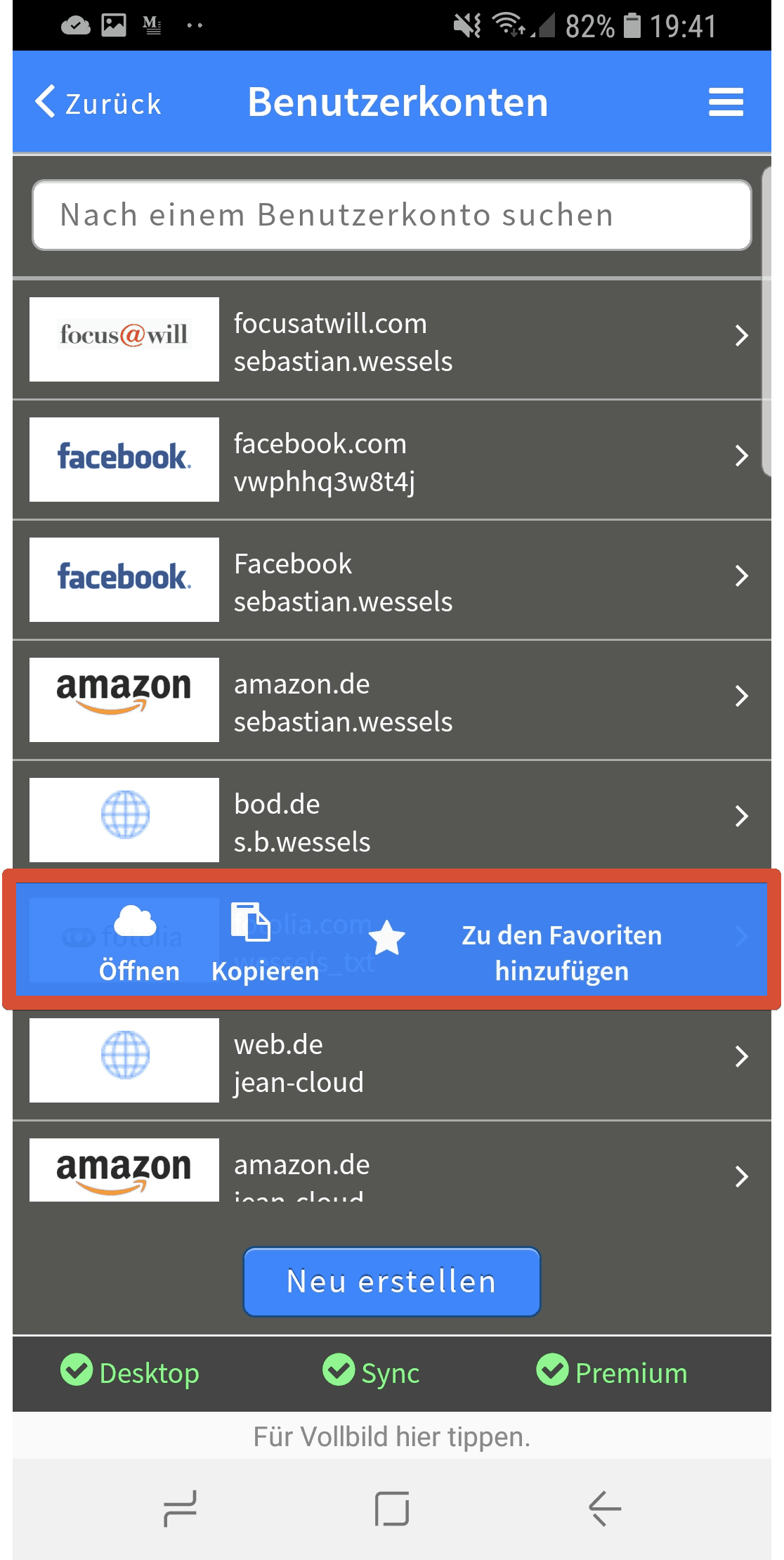 Blur Passwort-Manager – Eintrag öffnen und kopieren in der mobilen App