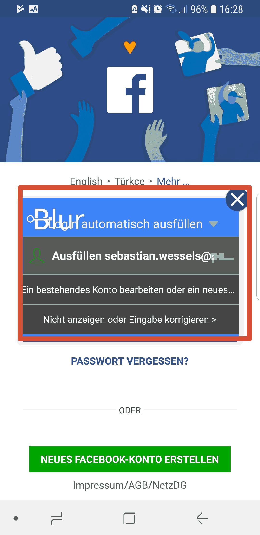 Blur Passwort-Manager – mobile App funktioniert in der Facebook-App