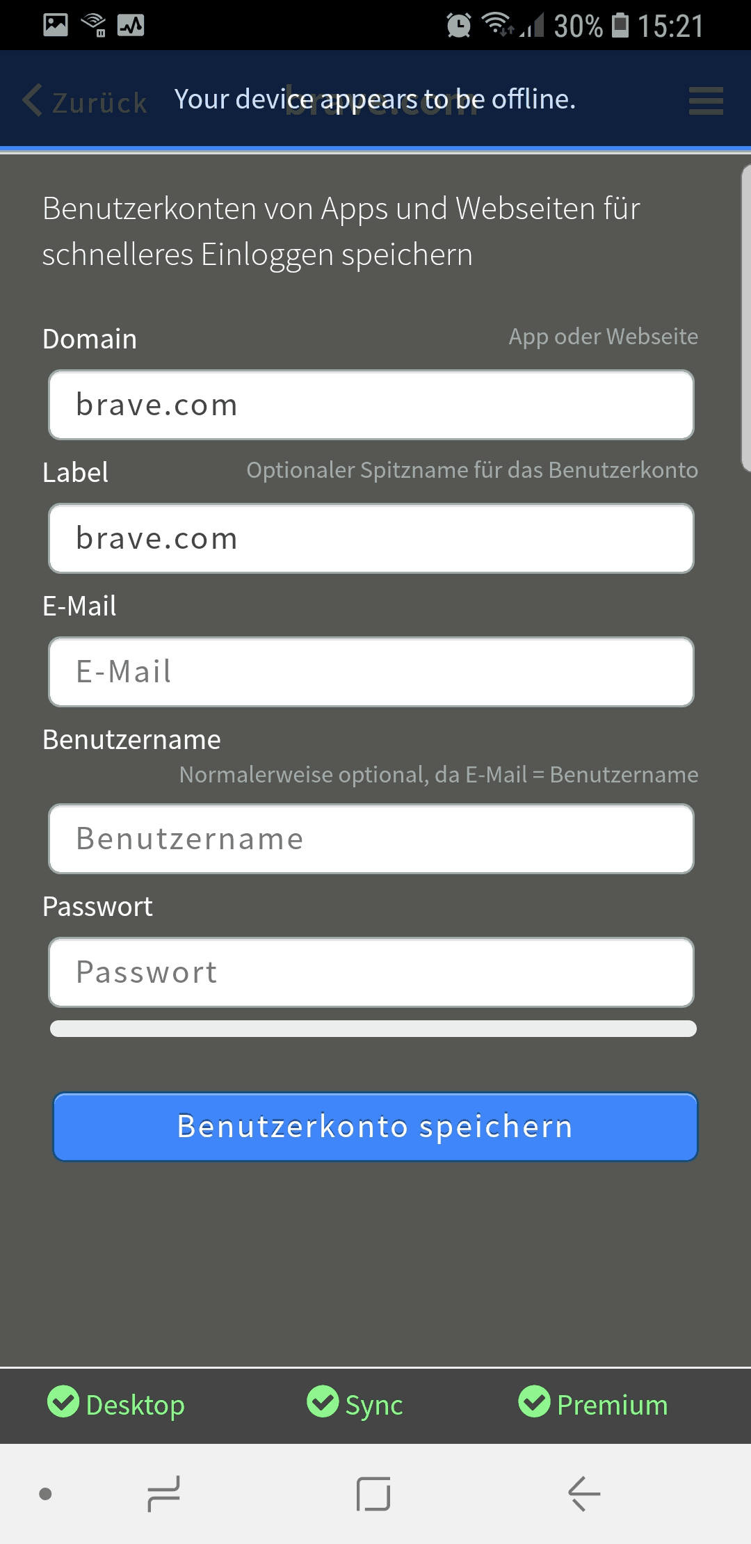 Blur Passwort-Manager – mobile App, neuer Eintrag