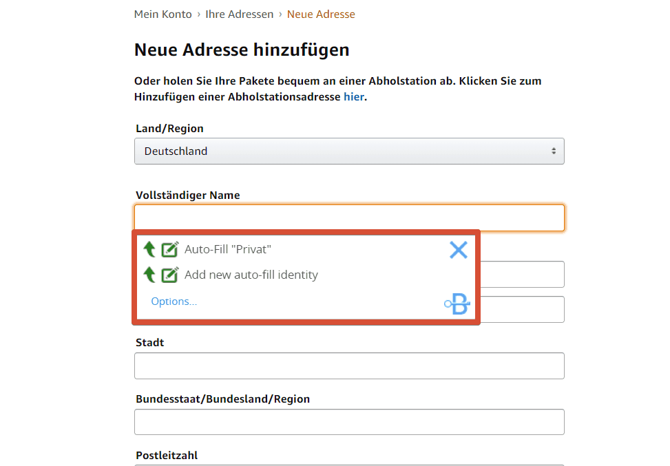 Blur Passwort-Manager – neu angelegte Identität auswählen