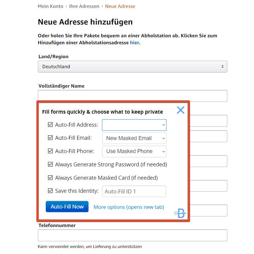 Blur Passwort-Manager – Formular ausfüllen, 2. Option