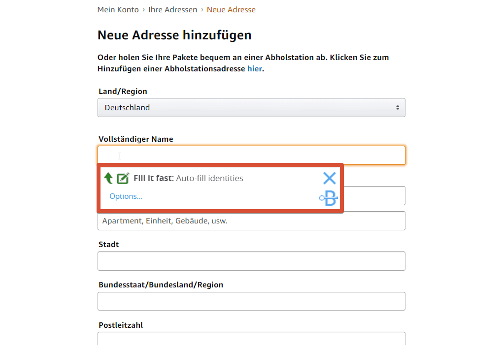 Blur Passwort-Manager – Identität wird automatisch in die Felder eingefügt