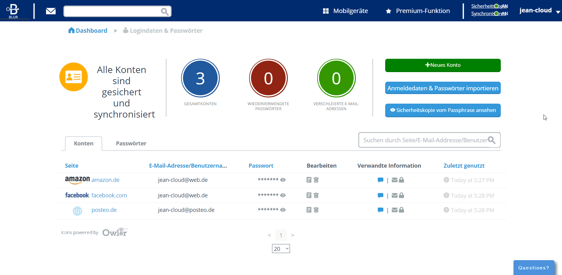 Blur Passwort-Manager – Dashboard