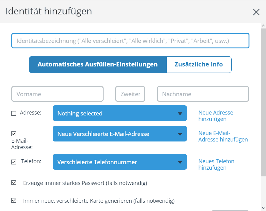 Blur Passwort-Manager – neue Identität hinzufügen