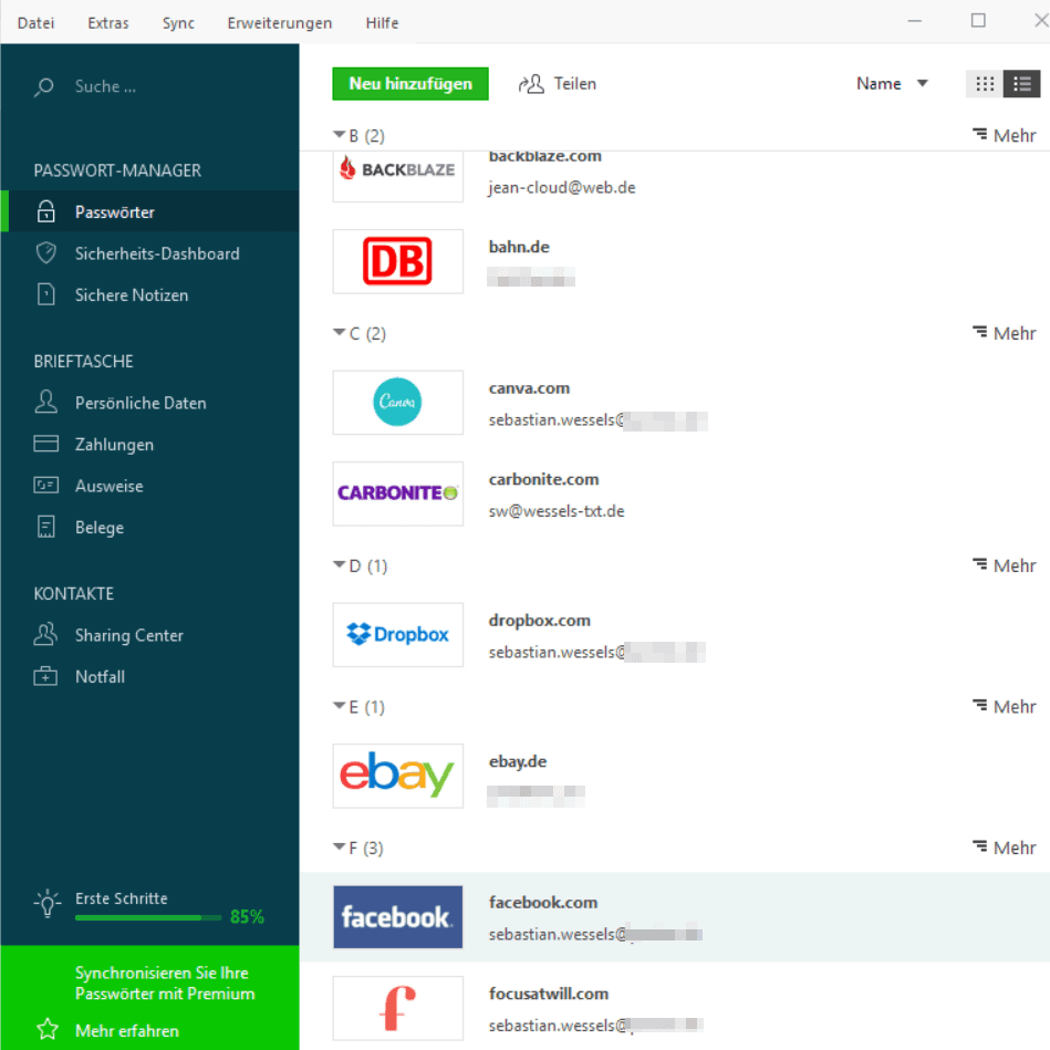 Dashlane Benutzeroberflaeche