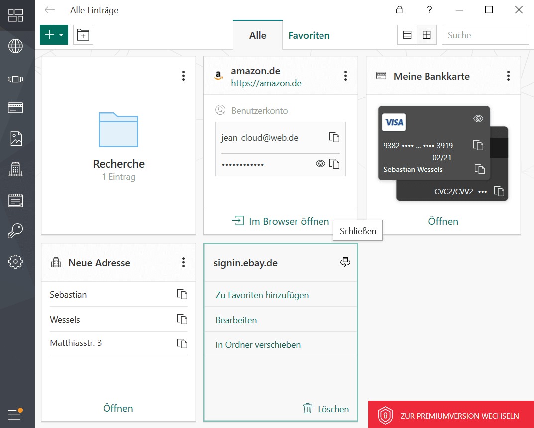 Kaspersky Password Manager – die Benutzeroberfläche