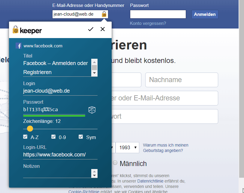 Keeper Facebook neu erstellen ausgeklappt