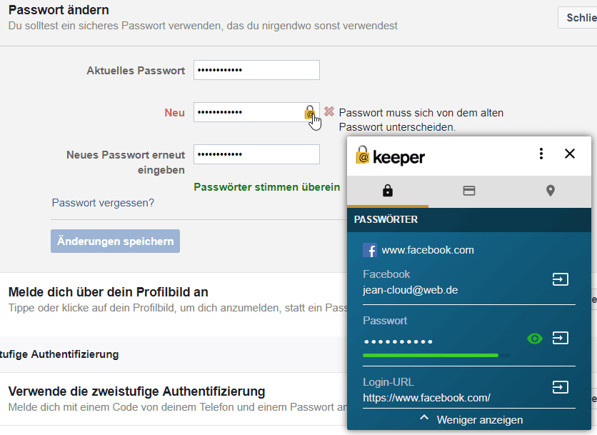 Keeper Facebook Passwort aendern Fehler
