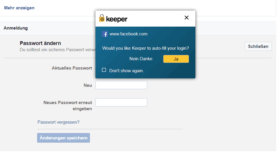 Keeper Facebook Passwort aendern