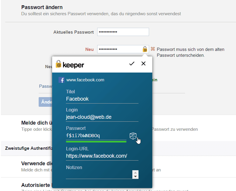 Keeper Facebook Passwort generieren