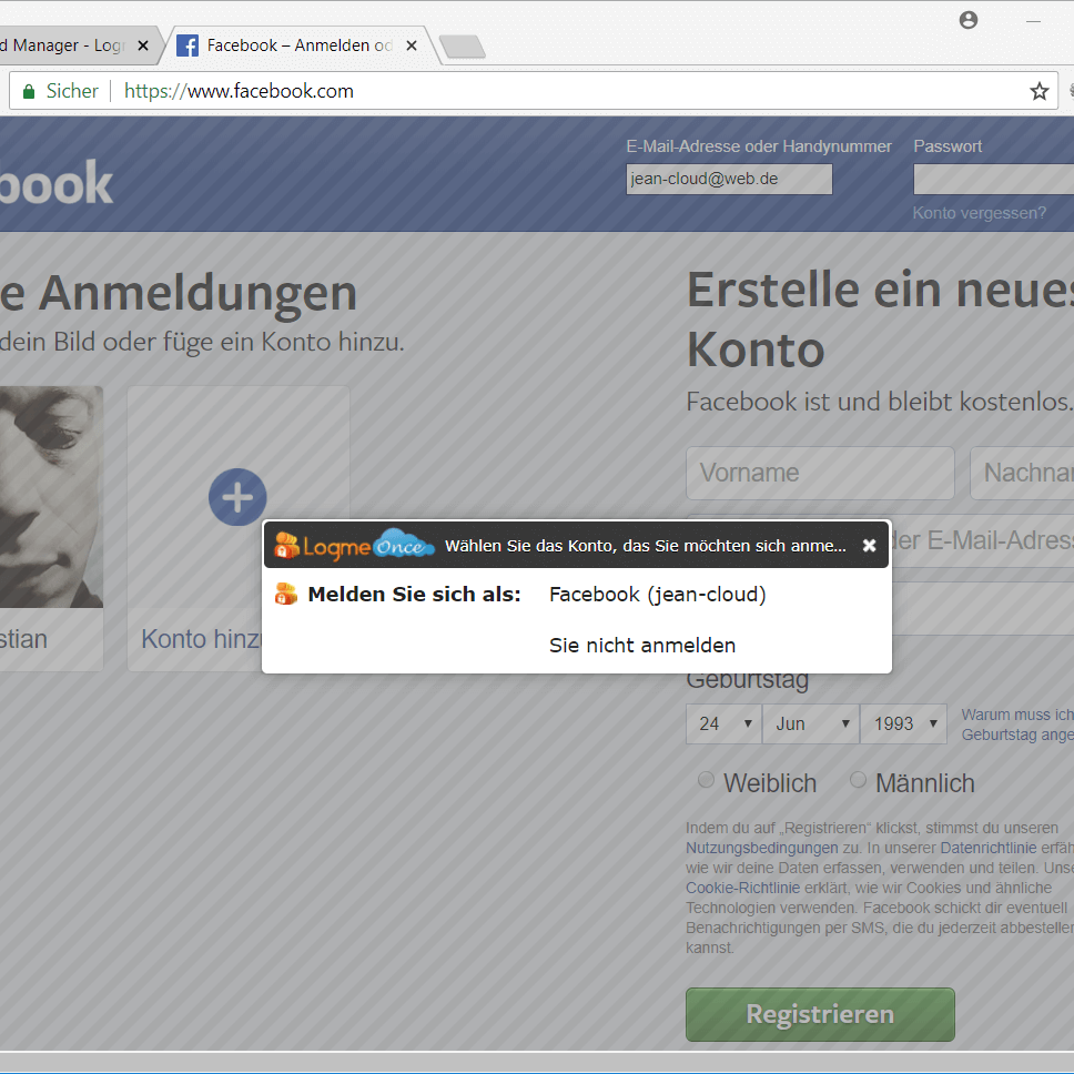 LogMeOnce – bei Facebook anmelden