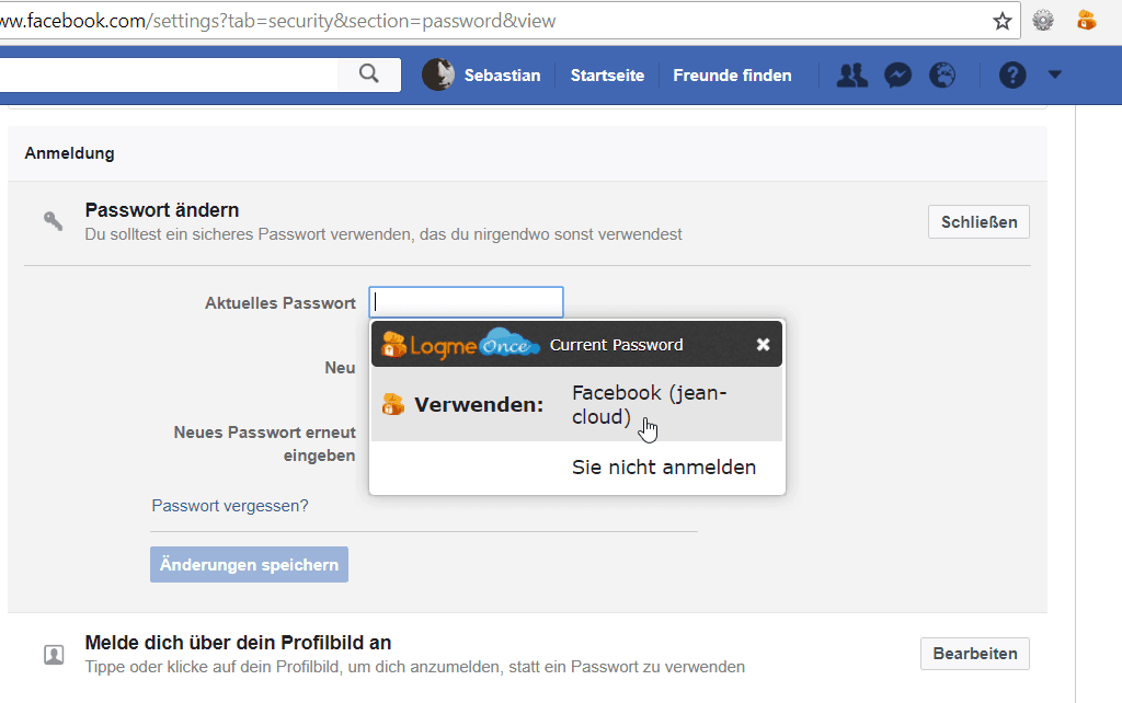 LogMeOnce – Facebook-Passwort ändern, Schritt 1