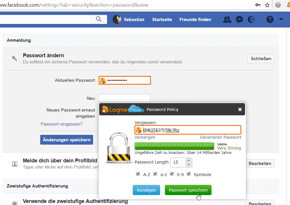 LogMeOnce – Facebook-Passwort ändern, Schritt 2