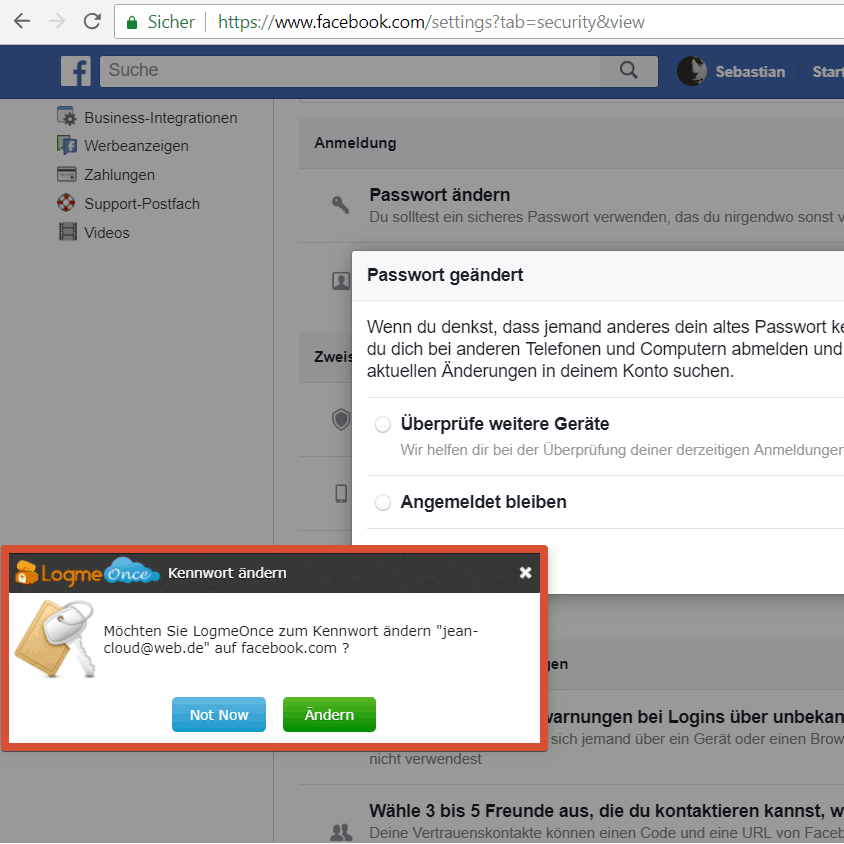 LogMeOnce – Facebook-Passwort ändern, Schritt 3