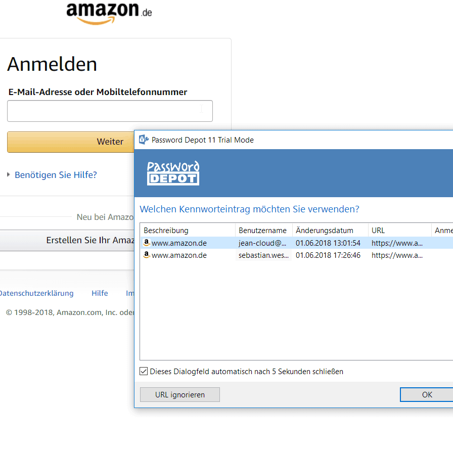 Password Depot Amazon Konto auswaehlen