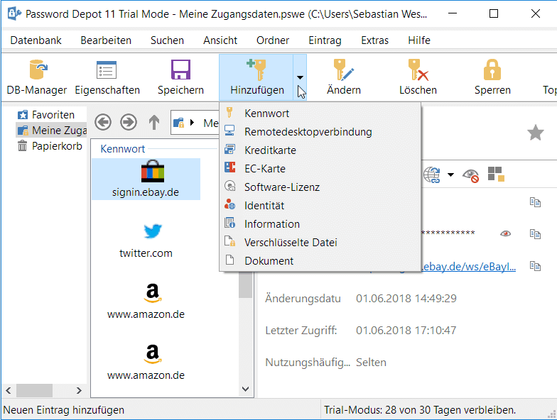 Password Depot Eintrag erstellen