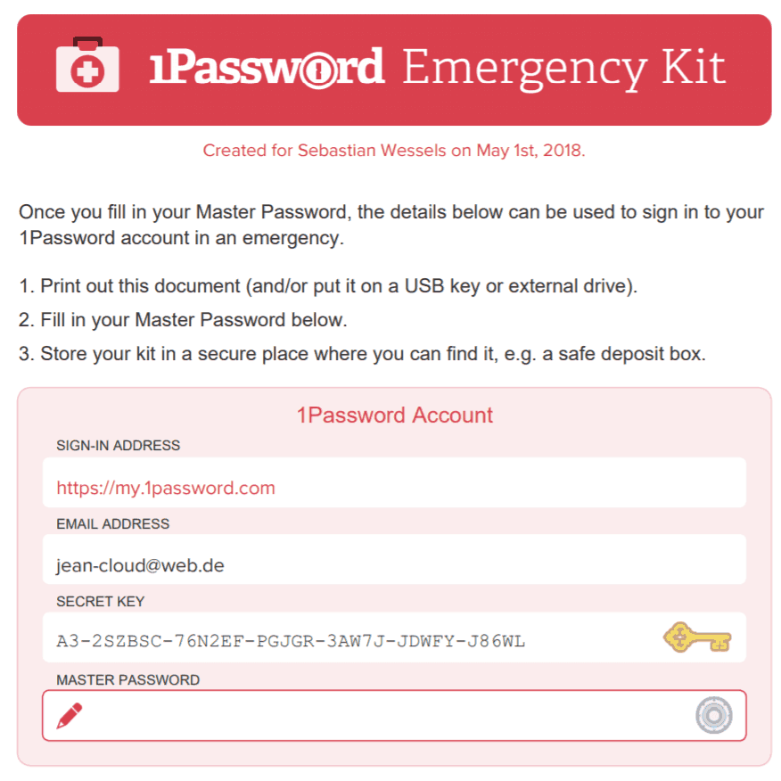 1Password Emergency Kit 2