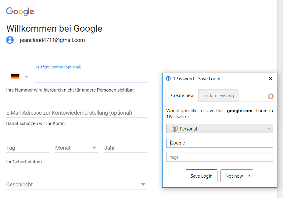 1Password Google Passwort speichern