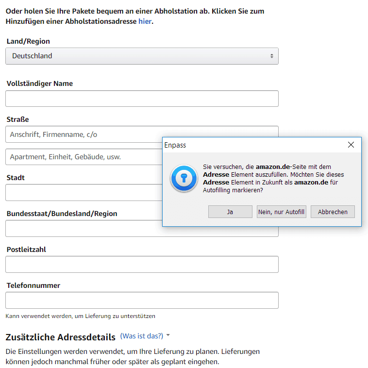 Enpass Adresse Autofill