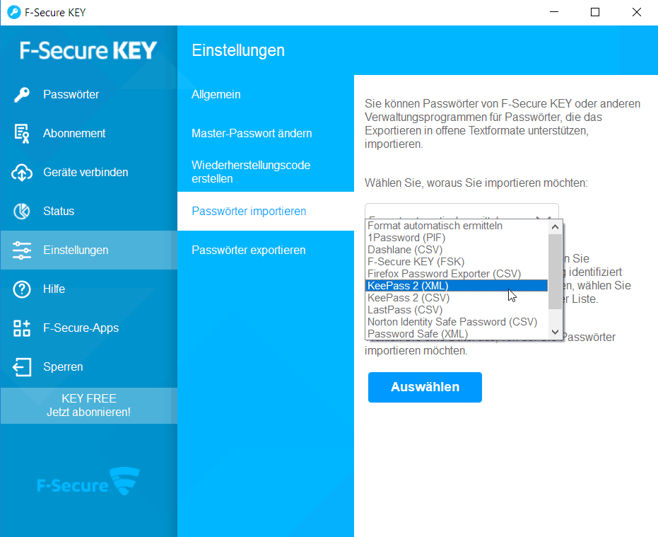 F-Secure KEY – importieren