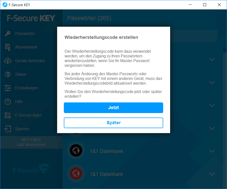F-Secure KEY Meldung Wiederherstellungscode