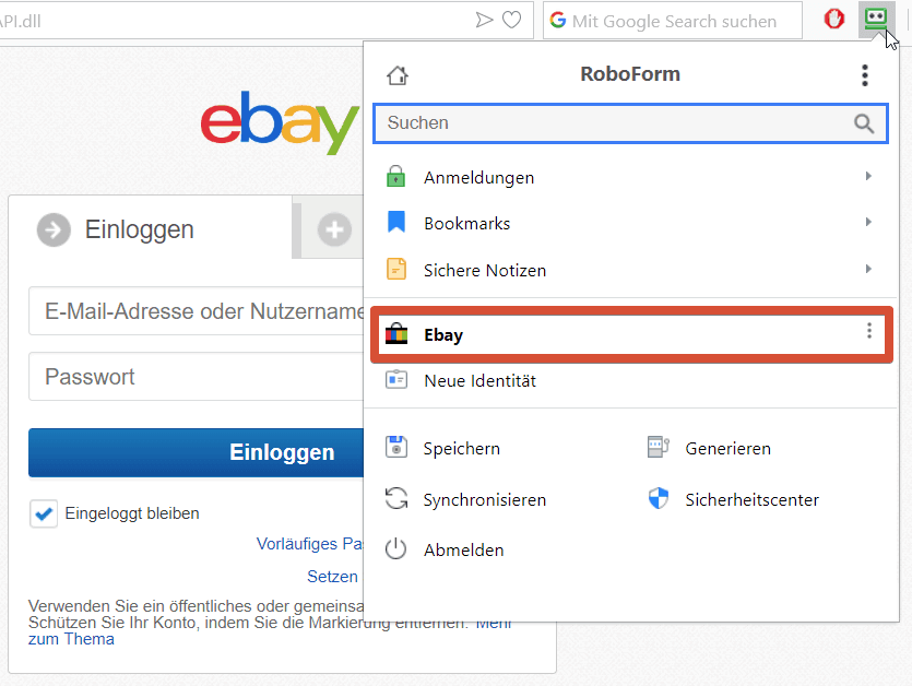 Roboform-Anmeldung Ebay