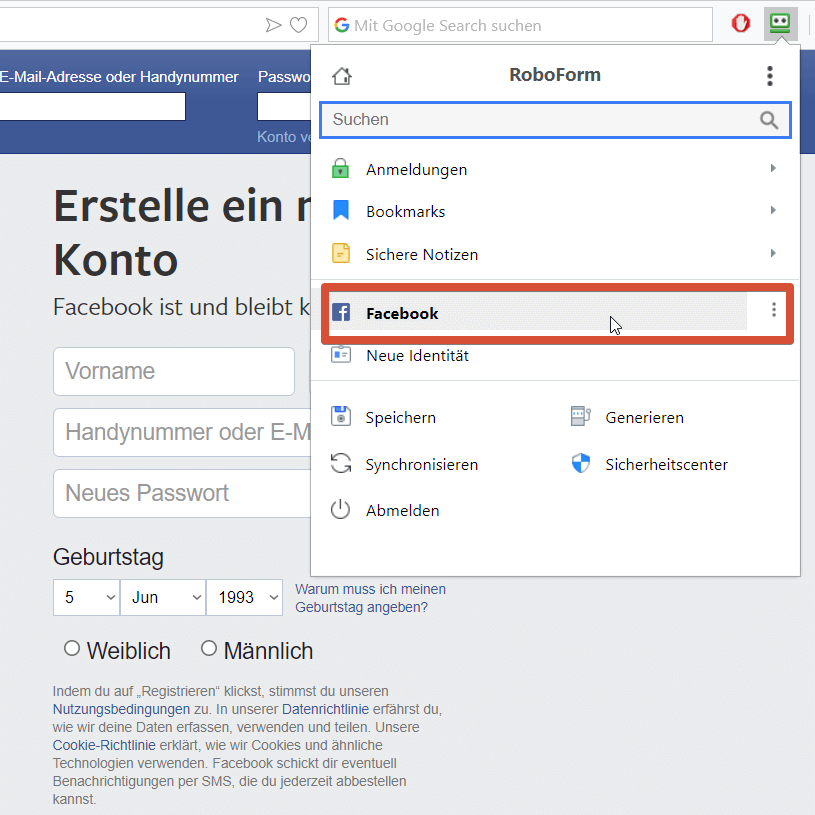 Roboform anmelden Facebook