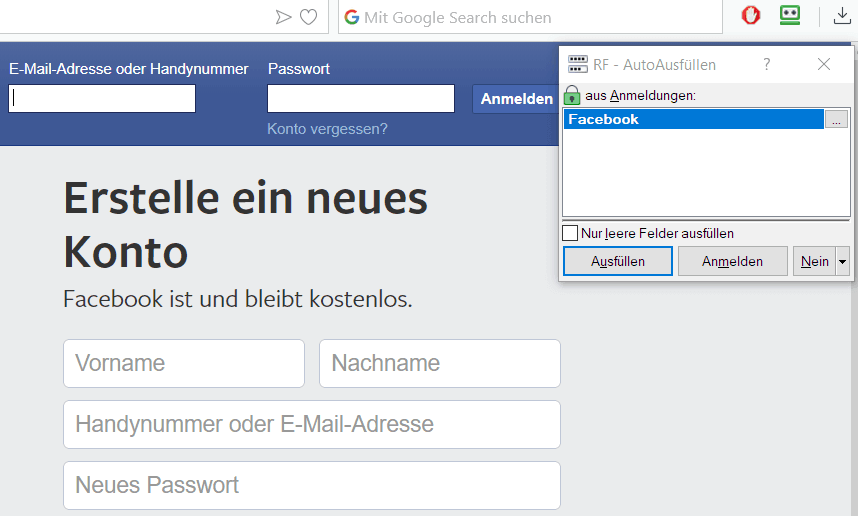 Roboform auto-ausfüllen Facebook