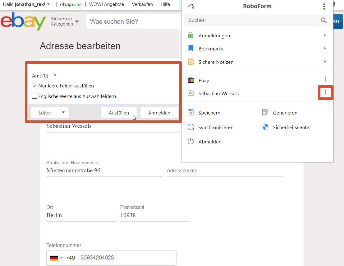 Roboform Ebay-Adresse