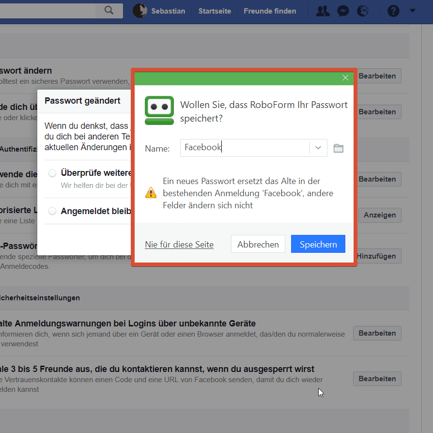 Roboform Facebook-Passwort ersetzen