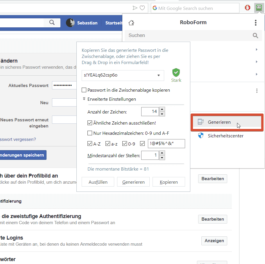 Roboform Passwort-Generator Facebook