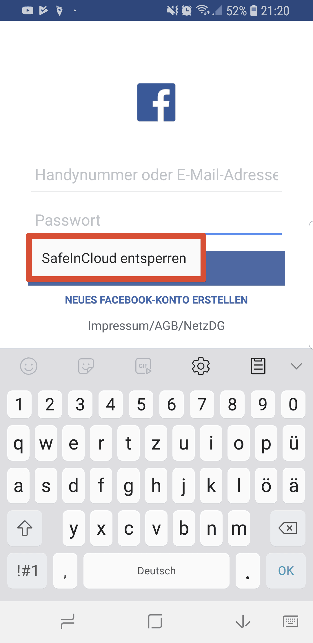 Safeincloud App entsperren