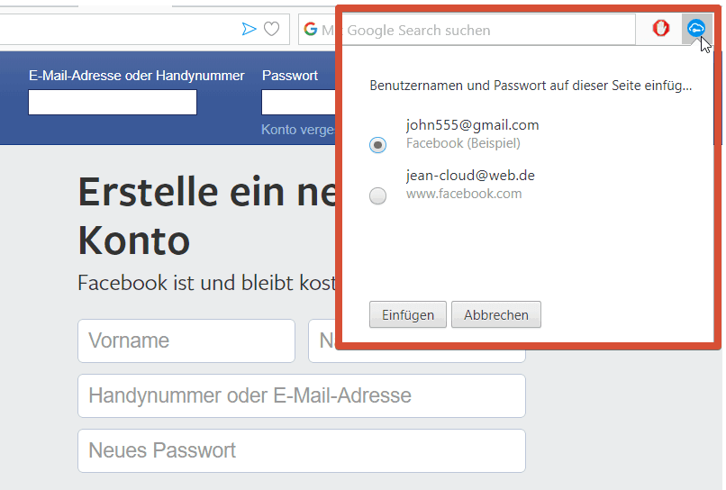 Safeincloud Facebook Konto auswaehlen