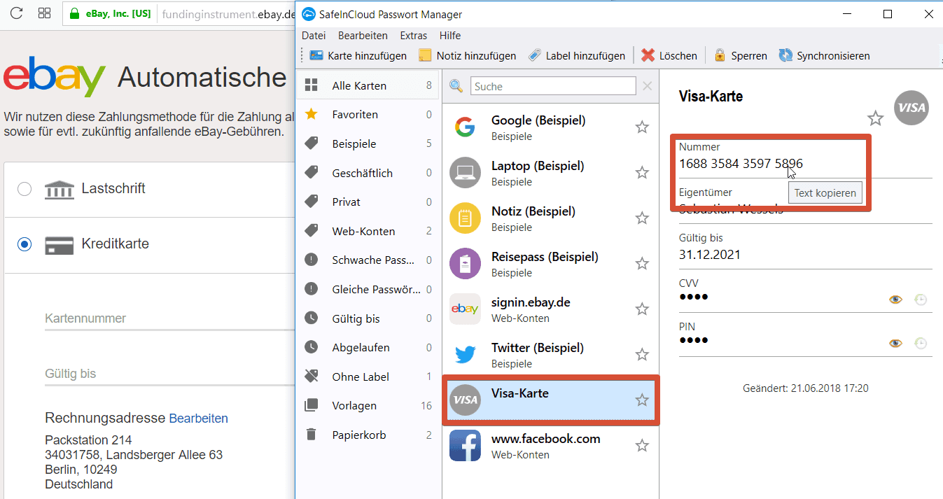 Safeincloud Kreditkarte kopieren