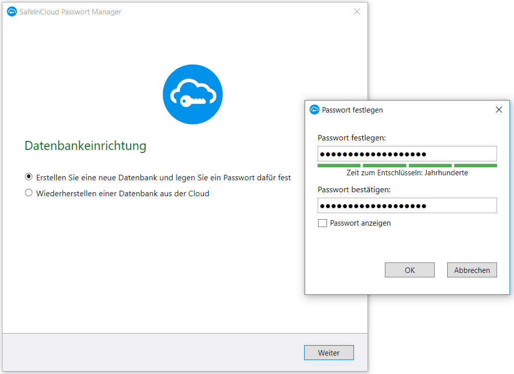 Safeincloud Passwort festlegen