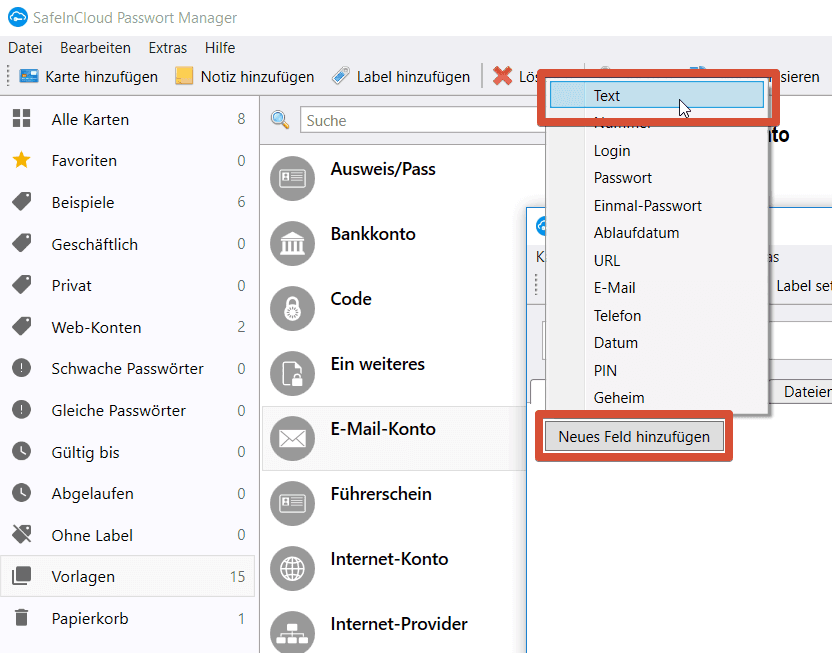 Safeincloud Vorlage hinzufügen